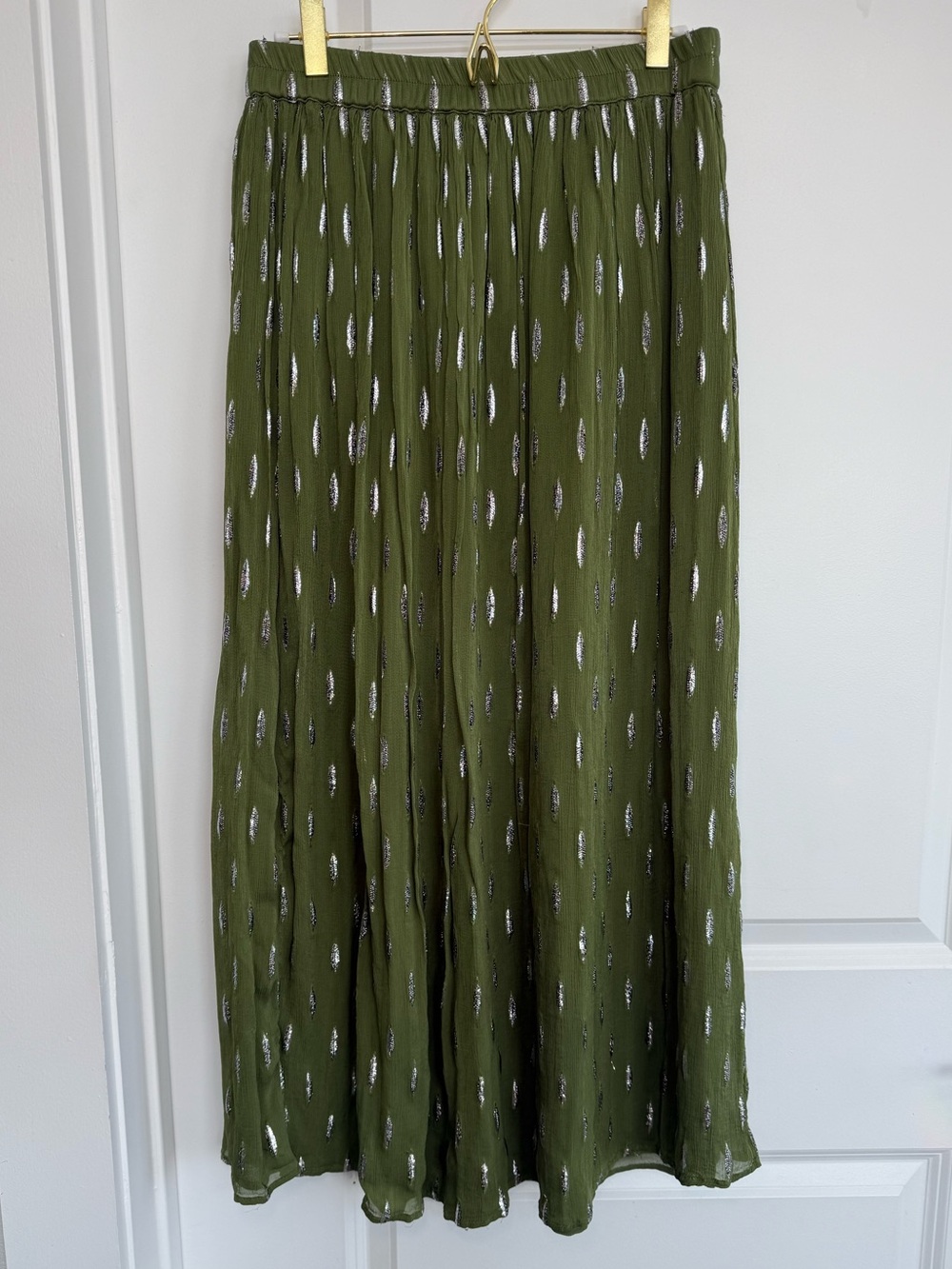 Zara Olive Green Maxi Skirt with Silver Metallic Detail